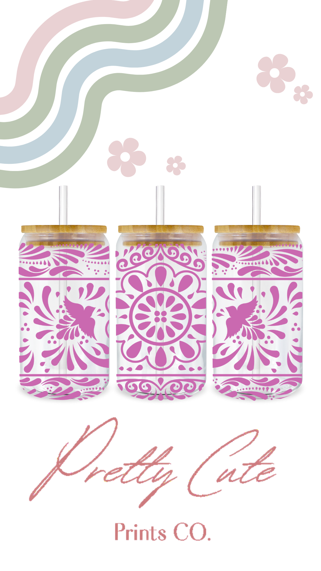 16oz Glass Bamboo Talavera Cup