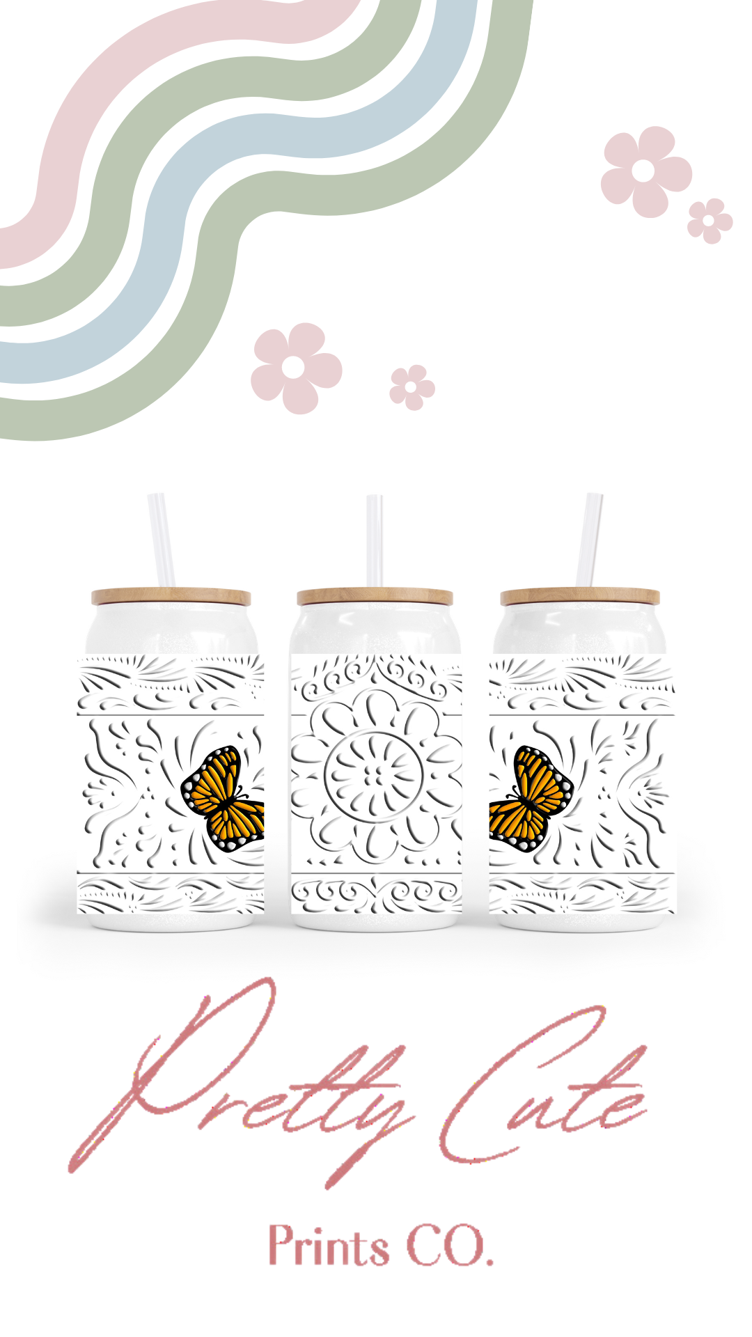 16oz White Glass Bamboo Talavera Cup Different Colors