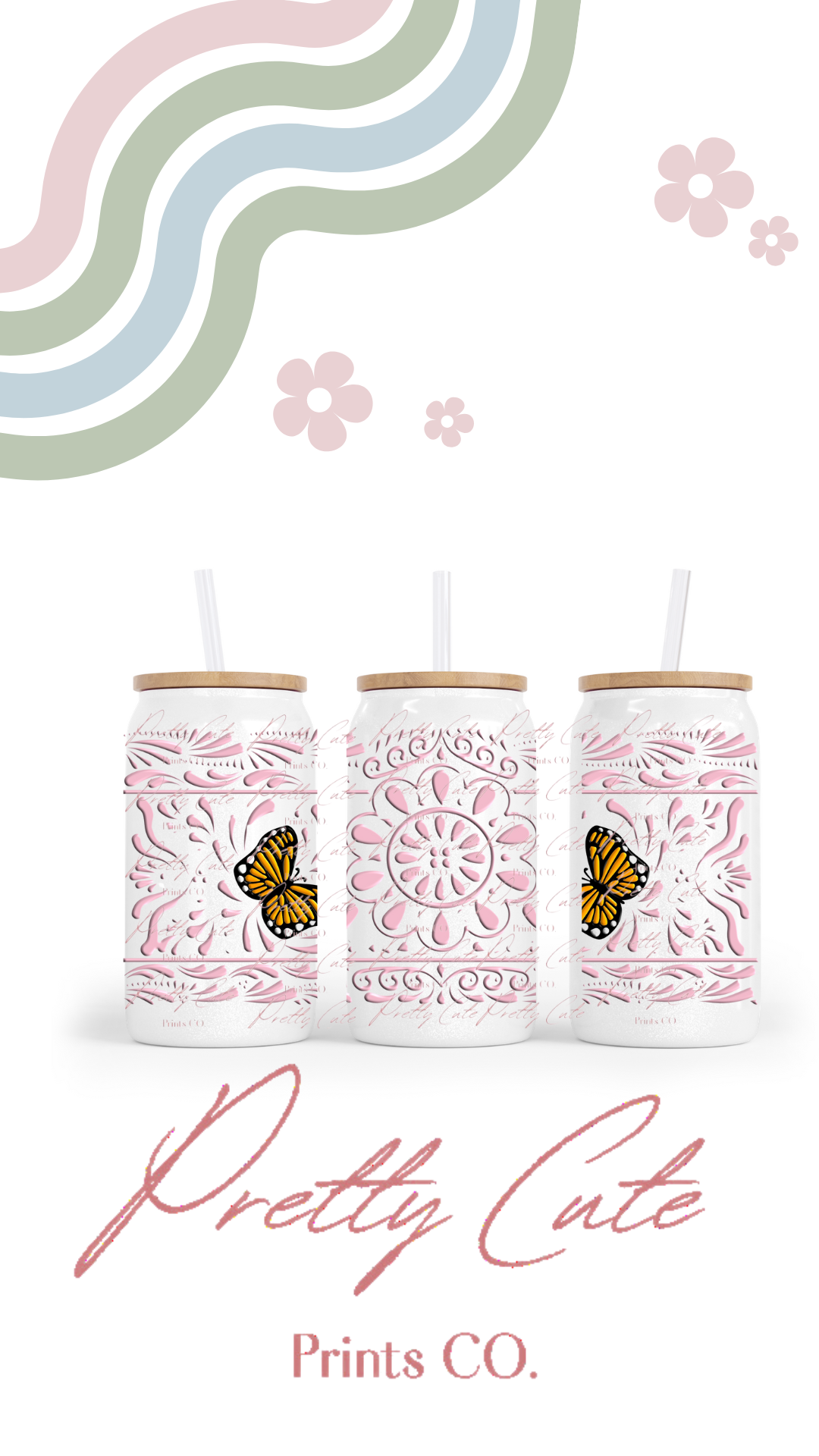 16oz White Glass Bamboo Talavera Cup Different Colors