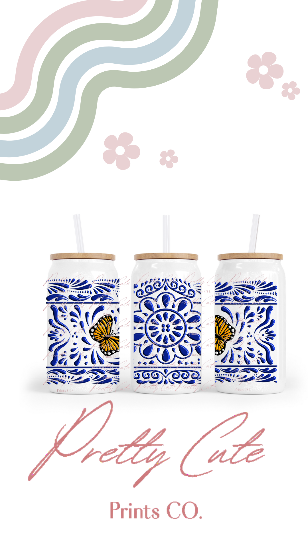 16oz White Glass Bamboo Talavera Cup Different Colors