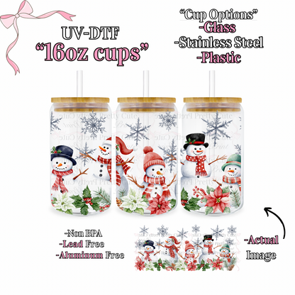 16oz Libbey Cup UVDTF Wrapped Snowman Family